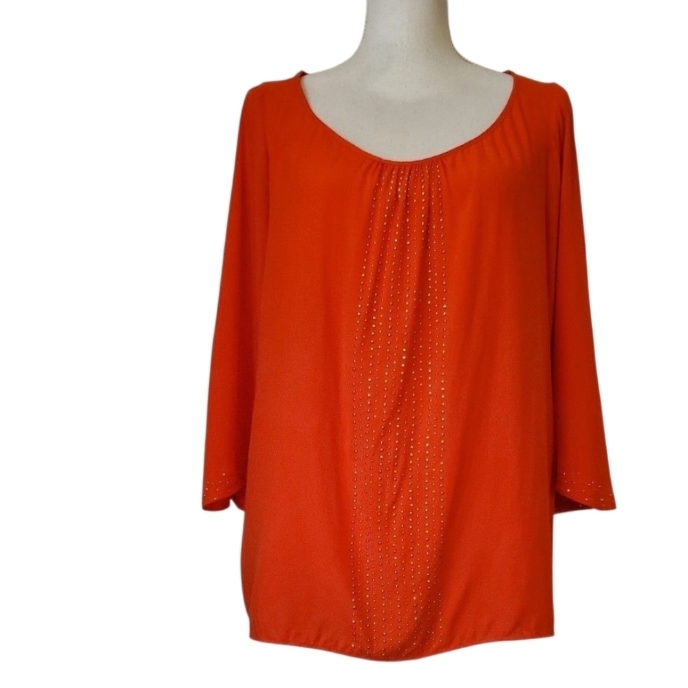 Jennifer Lopez Orange Blouse Gold Studded Detail 3/4 Cold Shoulder Sleeve Size L